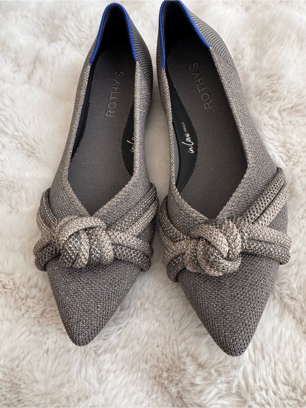 Rothy's Metallic Silver Pointed Knot Flats
